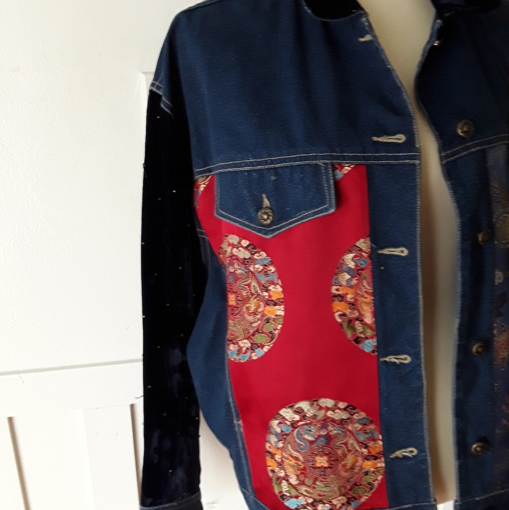 Vtg  CAROLE LITTLE SPORT Jean Jacket Coat Top Asian Detail Dark Wash NWOT  sz 14